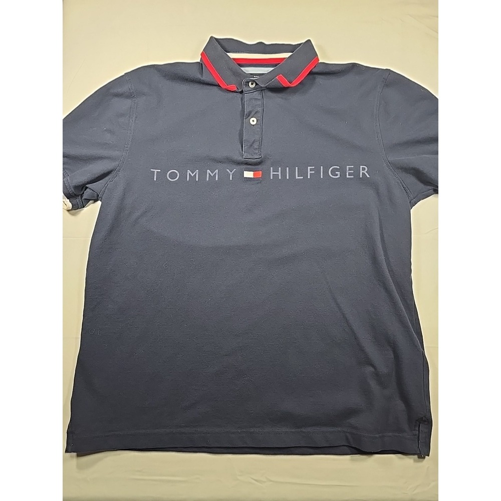 Tommy Hilfiger Knit Polo XL Spell Out Logo Preppy Men's Blue